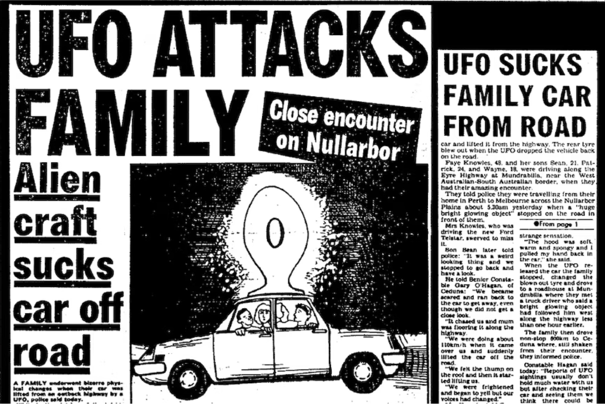 knowles family australia - Ufo Attacks Ufo Sucks Family Alien craft sucks car off road A Family underwent phys uro, police sald today. Family Car Close encounter From Road on Nullarbor car and lifted from the highway. The rear tyre blew out when the Upo d